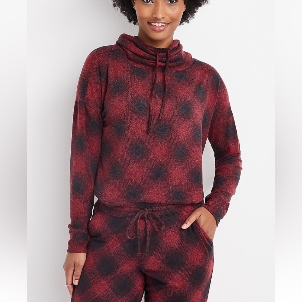 Maurices MEDIUM Lakeside Cozy Plaid Sweatshirt Jogger Set Red Lounge Lodge